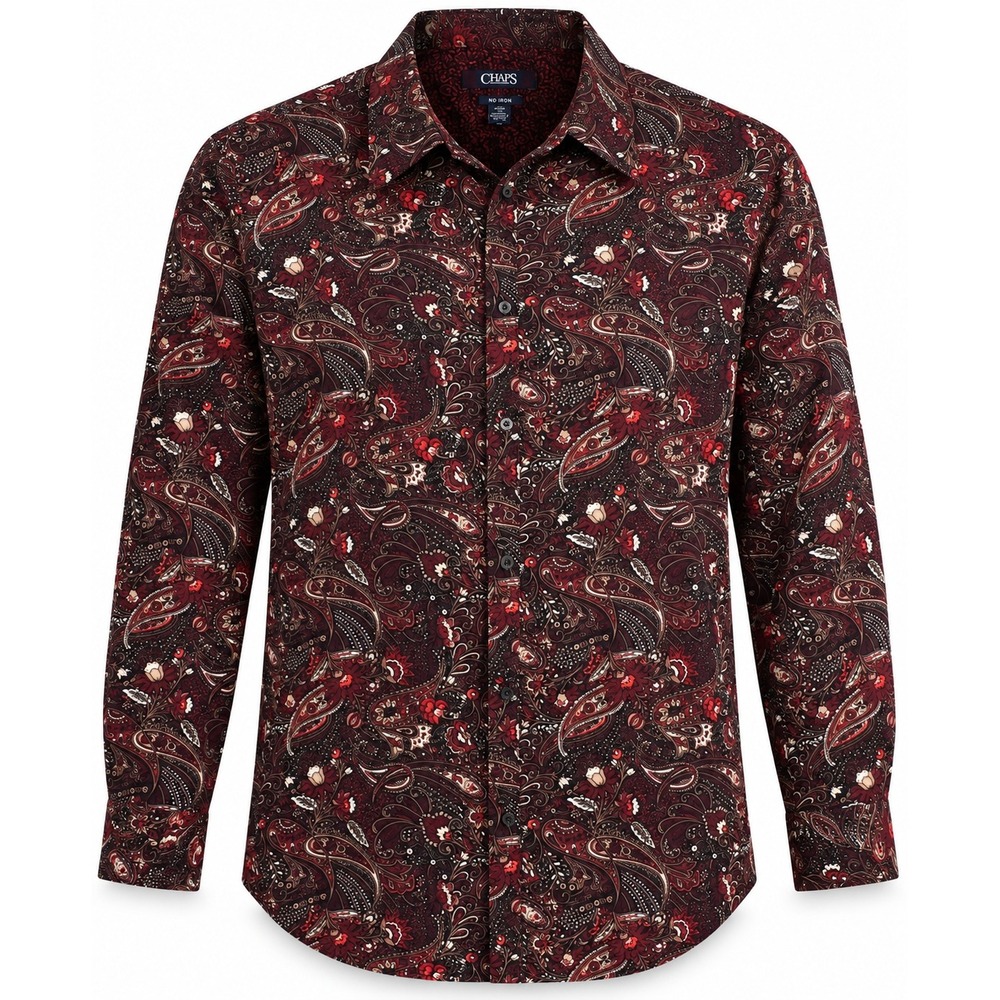 Chaps Women OX Paisley Button Down Shirt Burgundy Red No Iron Cotton Blouse
